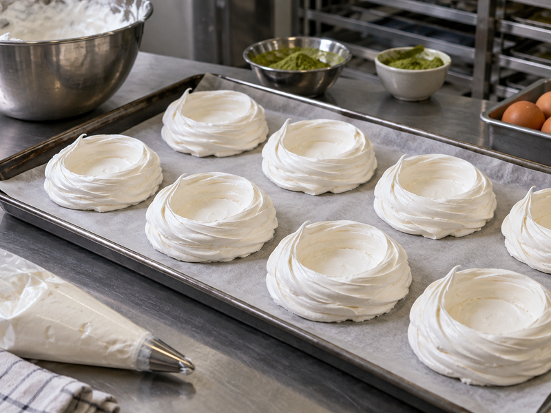 Evenly piped unfilled pavlova nests on parchment in a bakery preparation area