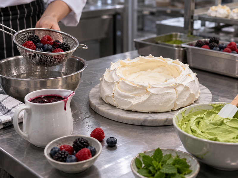 Drained berries and a small sauce jug arranged beside an unfilled pavlova shell
