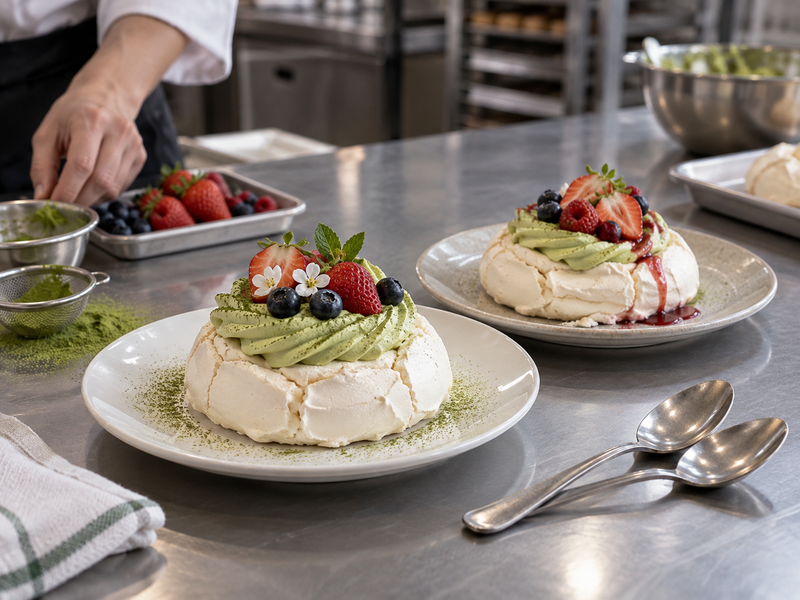 A pastry team compares freshly assembled and held matcha pavlova portions at a service bench