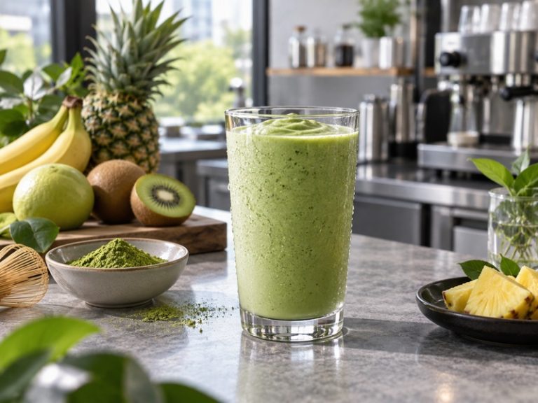 Green matcha fruit smoothie in a café test cup