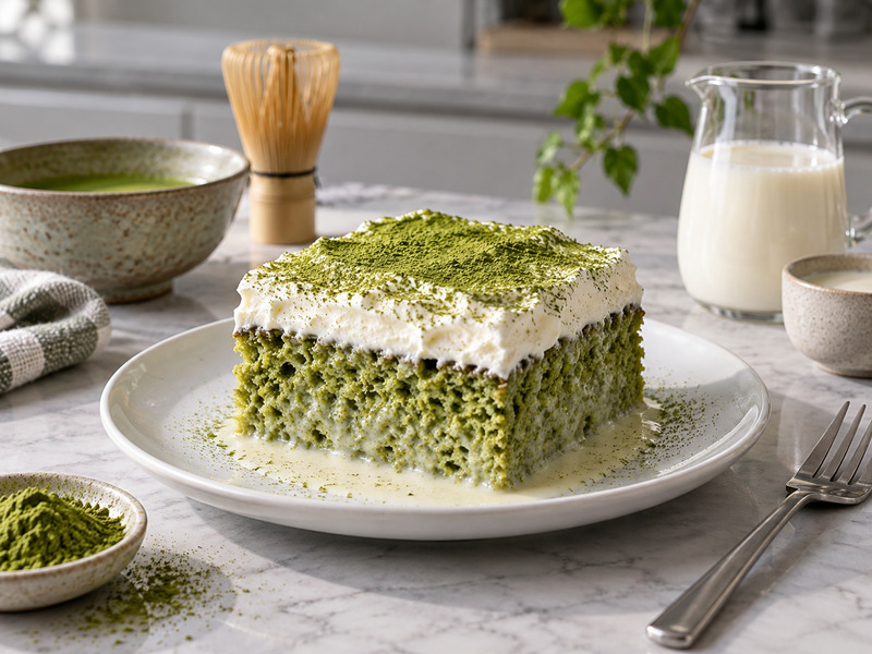 Matcha tres leches cake slice with cream and matcha powder