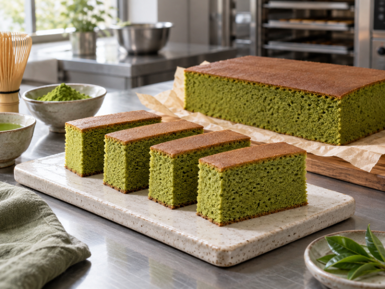Fresh matcha castella presented in a bakery