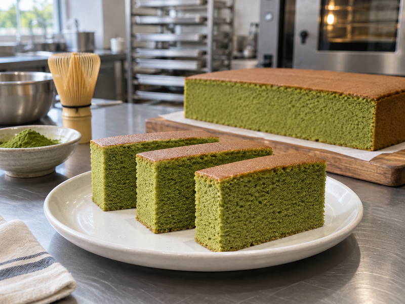 Matcha castella slices with fine green crumb and a brown top crust