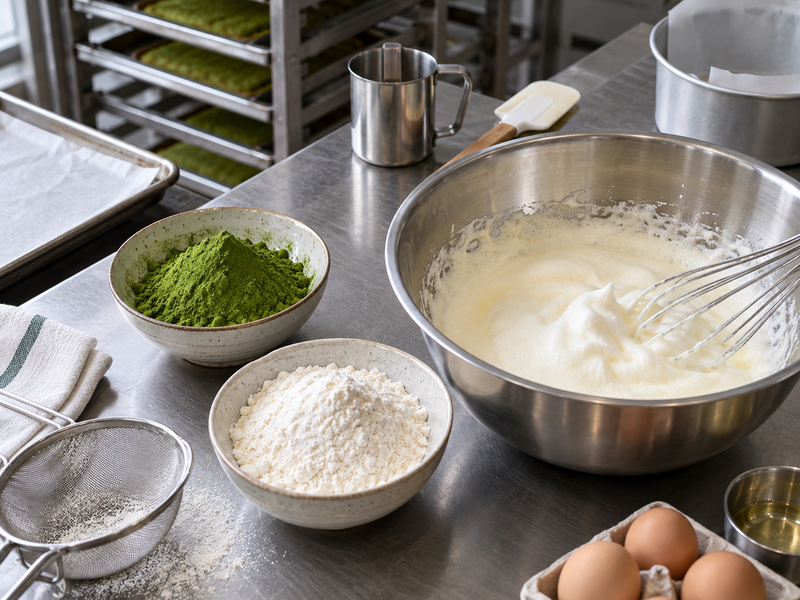 Weighed matcha portions and sifted flour prepared for small castella test batches