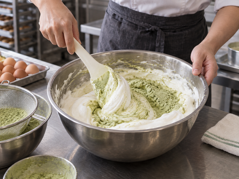 A spatula folding sifted green flour into pale castella egg foam