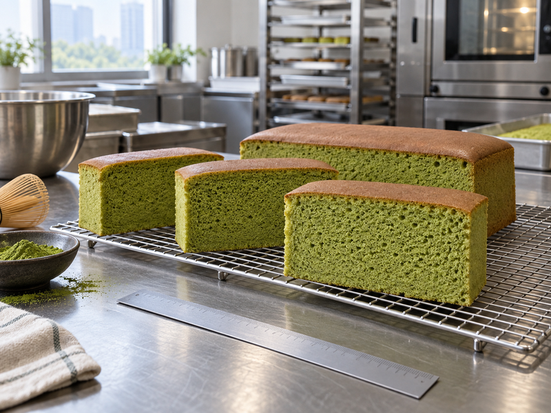 Several castella cross sections arranged for inspection of crumb and loaf height