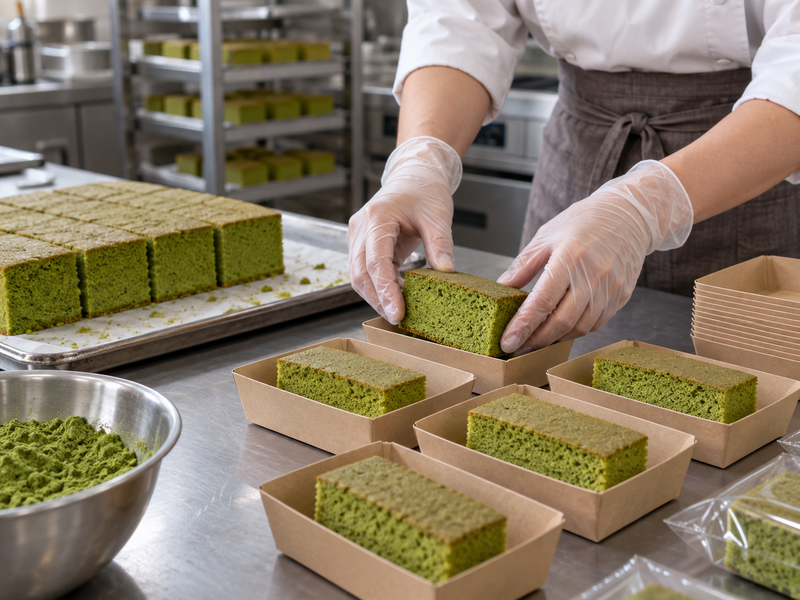 Uniform matcha castella slices being placed into individual bakery trays