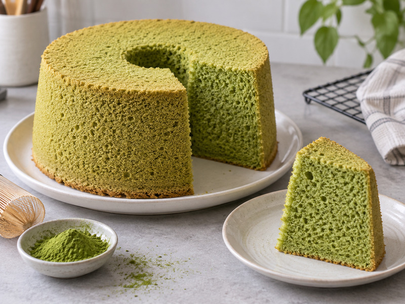 Matcha chiffon cake with a slice showing its airy crumb