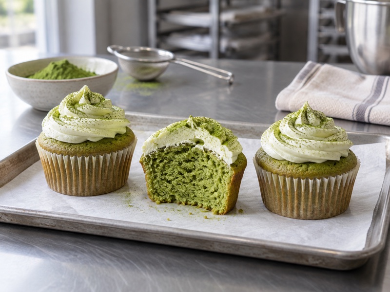 Three matcha cupcakes with one cut open on a parchment-lined bakery bench