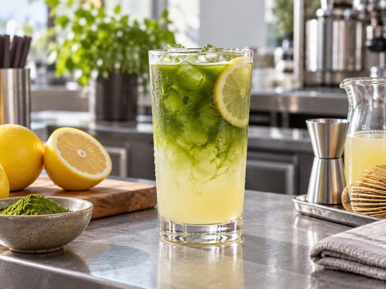 Iced matcha lemonade with lemon on a professional café counter
