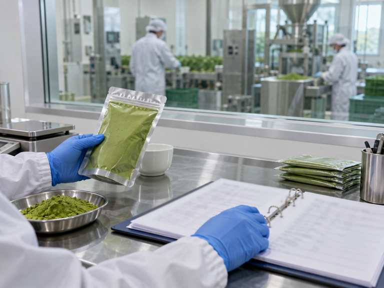 Supplier audit document review beside a sealed matcha sample