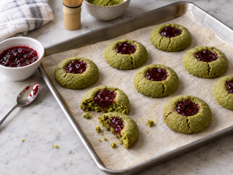 Matcha thumbprint cookies with bright jam centers