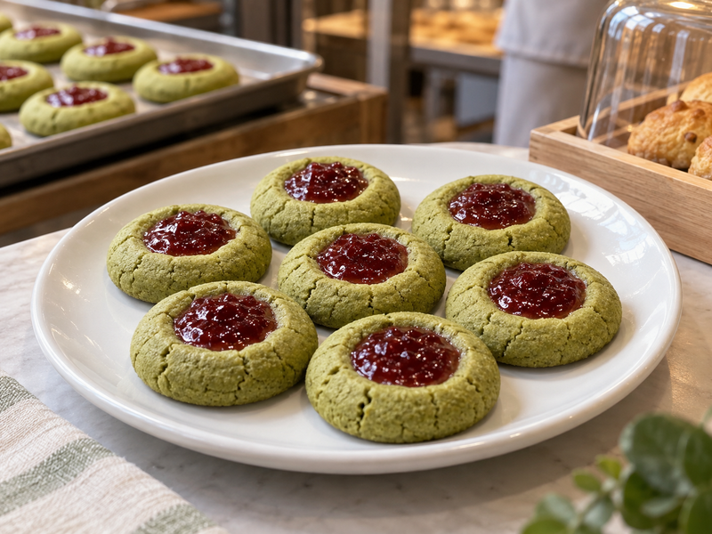 Round matcha thumbprint cookies with red jam centers and intact green rims