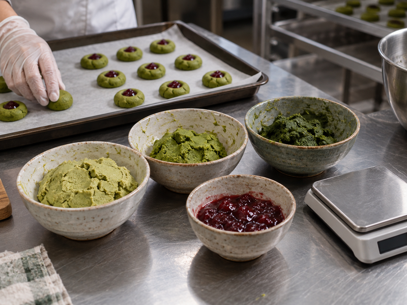 Three small batches of green thumbprint dough with a single measured jam filling