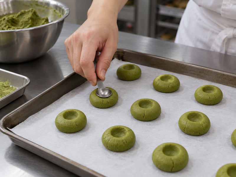 A rounded measuring spoon forms even wells in green cookie dough on parchment