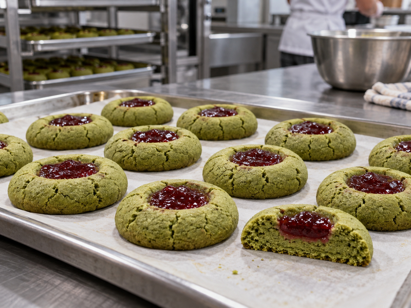 A cooled tray of green jam thumbprints with one cookie cut through its well