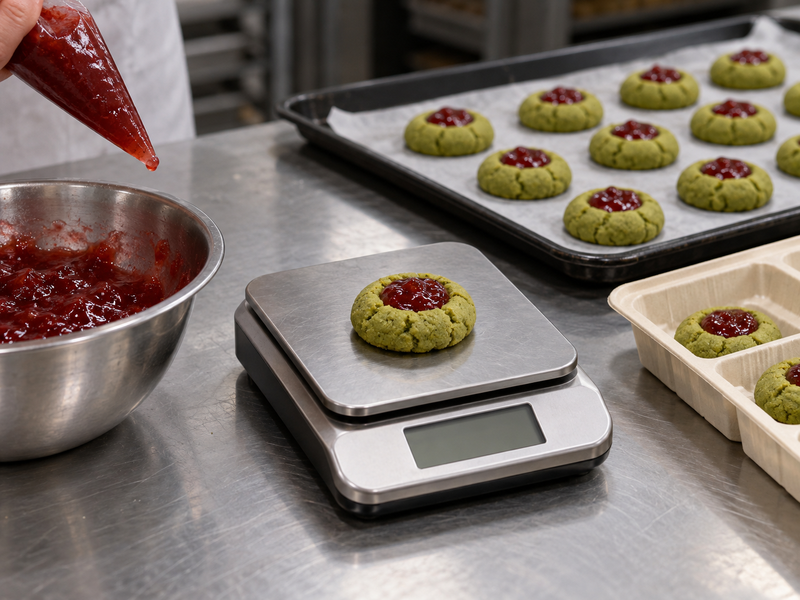 Finished thumbprint cookies being weighed beside a small depositor and packaging tray