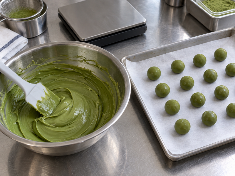 Matcha truffles ganache beside a tray of evenly rolled green centers