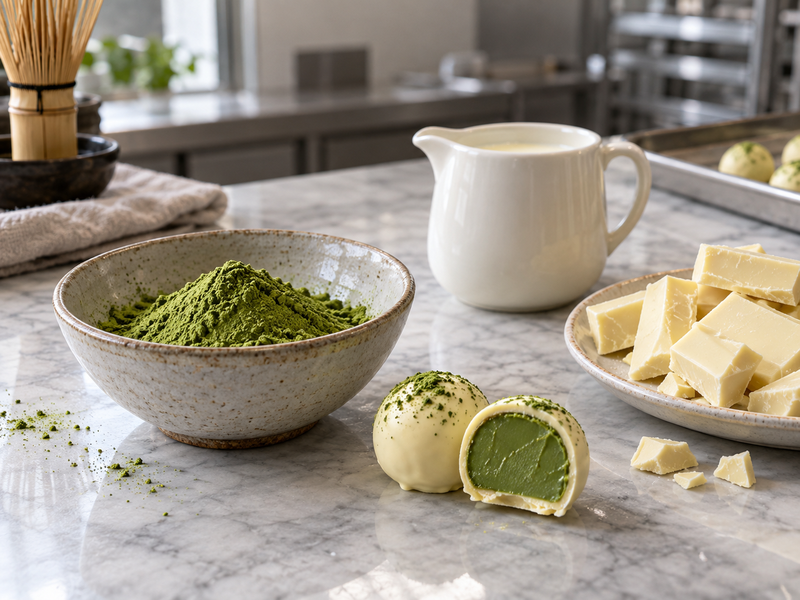 Matcha powder, white chocolate and cream for a truffle trial