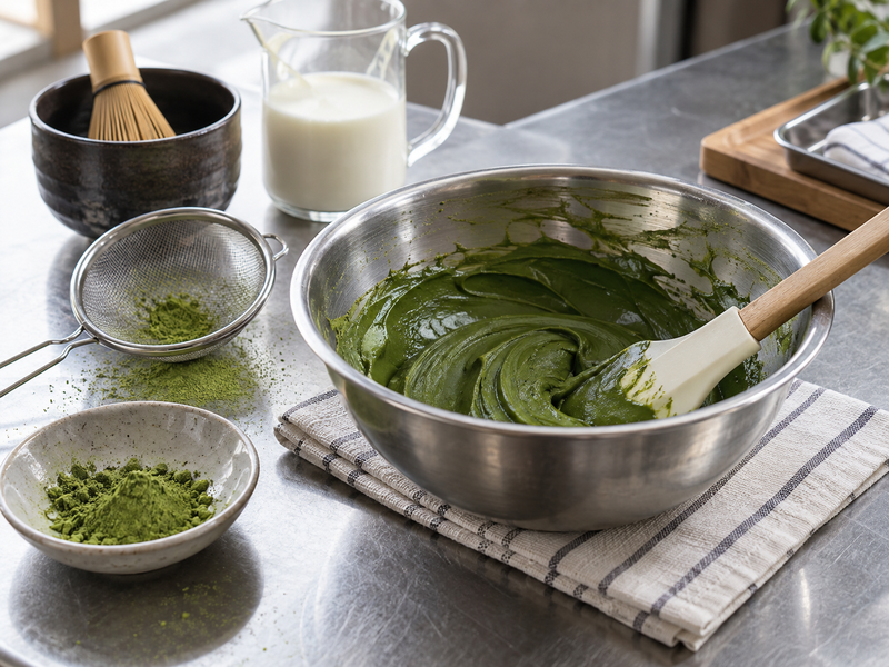 Smooth matcha and cream paste beside a fine sieve
