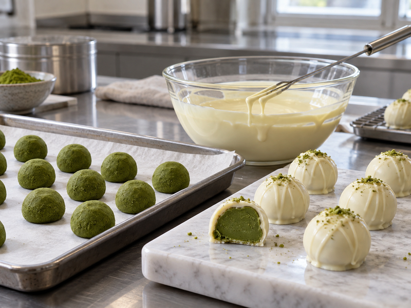 Matcha ganache centers and white chocolate at a truffle coating station