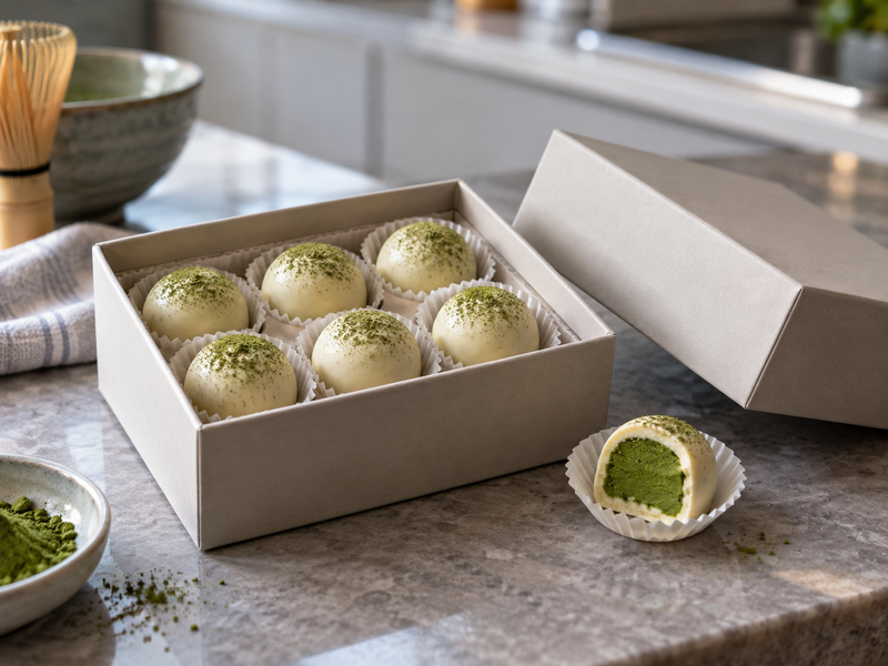 Matcha truffles fitted into individual cups inside a plain gift box