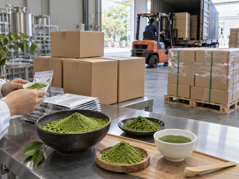 matcha wholesale australia: Wide factory export staging view of plain matcha cartons beside green samples and a pallet ready for an Australian buyer order