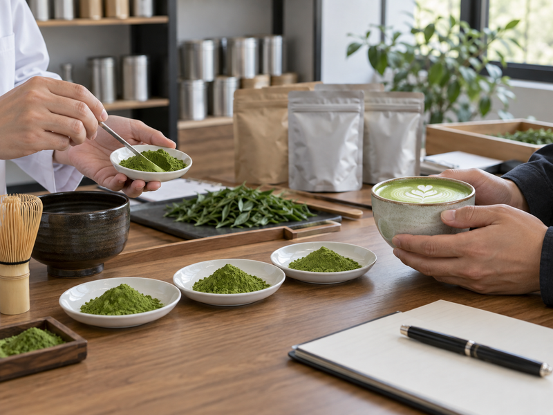 matcha wholesale australia: product samples reviewed at a Chinese supplier application bench