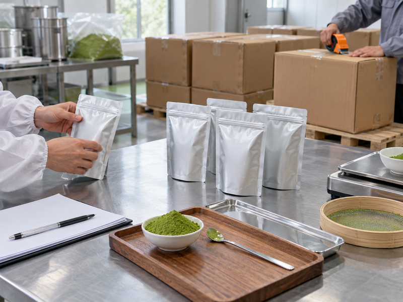 matcha wholesale australia: plain sample pouches and bulk cartons prepared for export