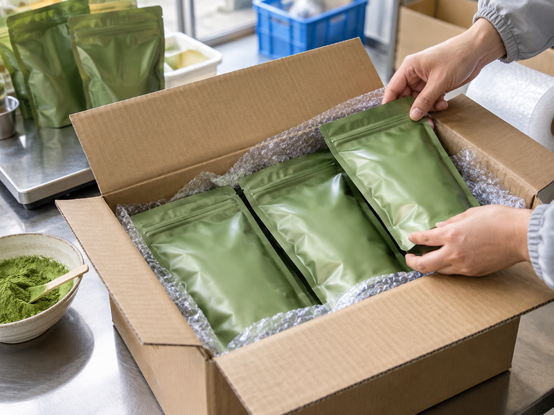 matcha wholesale australia: sealed sample bags protected inside a plain shipping carton