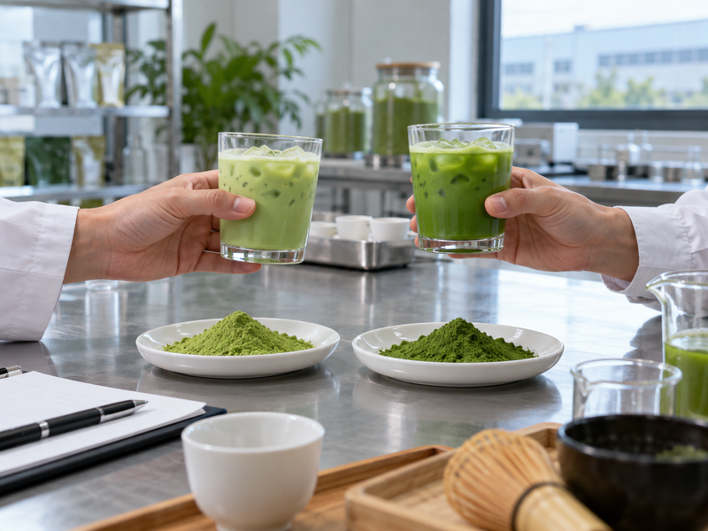 matcha wholesale australia: adult hands comparing green drinks in a Chinese beverage application room