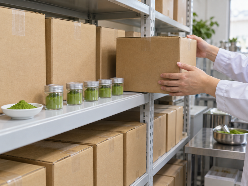 matcha wholesale australia: plain matcha cartons and sealed retainers on a dry storage shelf