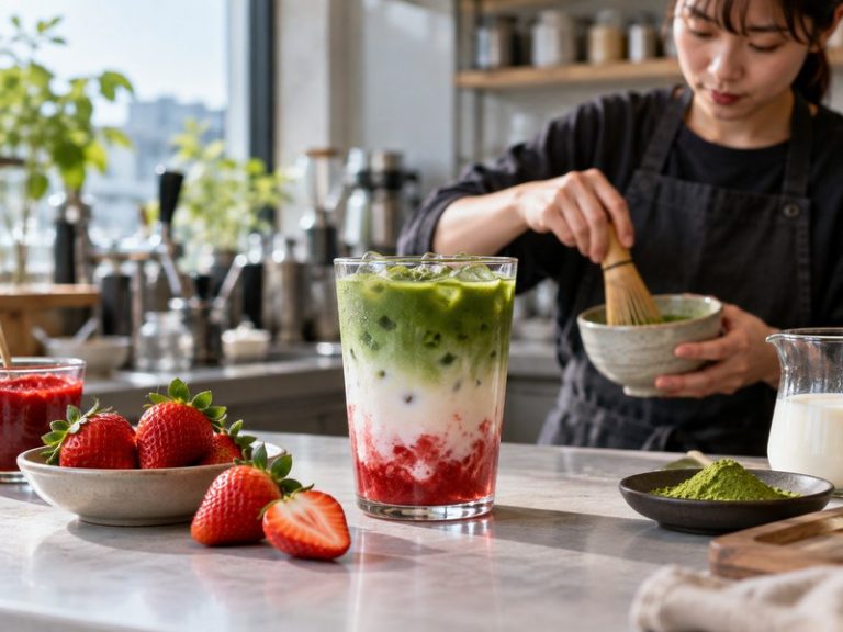 Layered strawberry matcha latte with red fruit base, milk, and green matcha