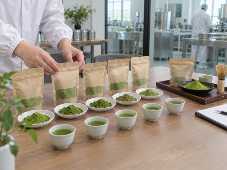 Buyer comparing supplier matcha samples and tasting cups