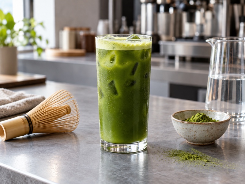 A tall transparent iced matcha americano on a café worktop