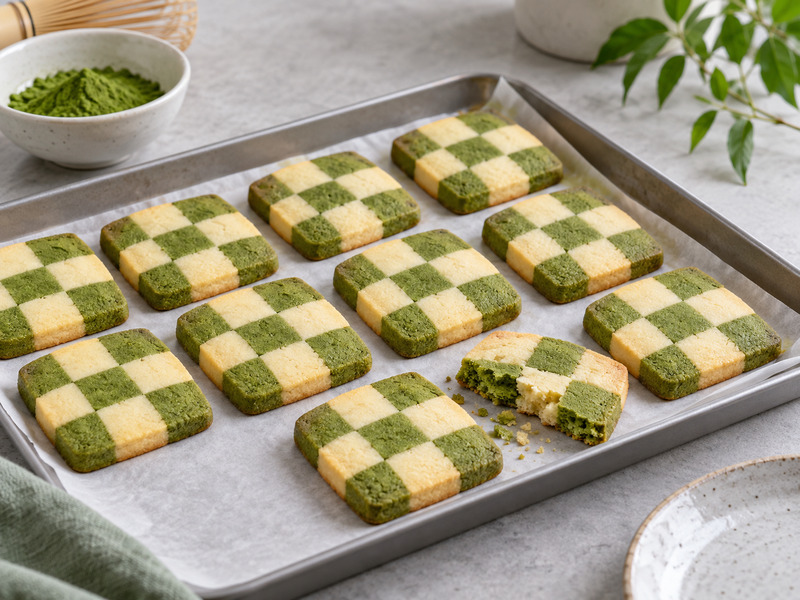Matcha checkerboard cookies on a baking tray