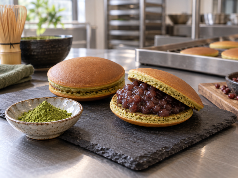 Fresh matcha dorayaki in a bakery