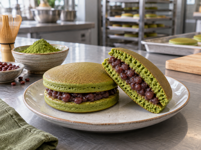 Matcha dorayaki cut open to show green pancake shells and red bean filling