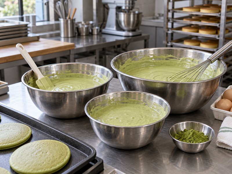 Three small bowls of matcha dorayaki batter prepared for a measured trial