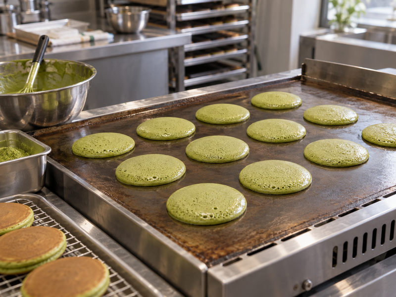 Green dorayaki pancake shells cooking in an orderly pattern on a commercial griddle