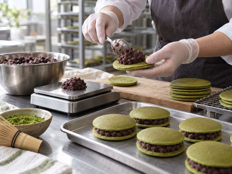 Hands weighing red bean paste and assembling matched green dorayaki shells