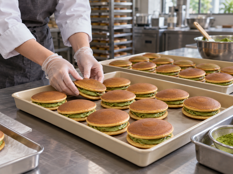 Finished matcha dorayaki portions lined up in plain trays for portion and pack checks