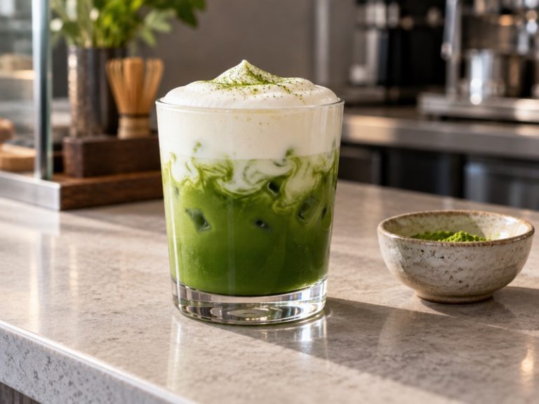Layered matcha einspanner topped with soft cream on a café counter