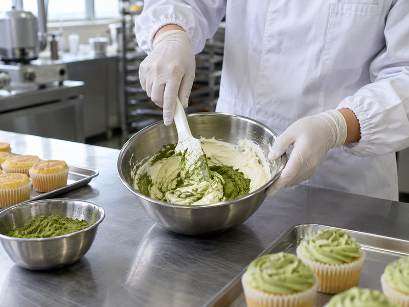 Matcha colored frosting and drink samples arranged for a color comparison