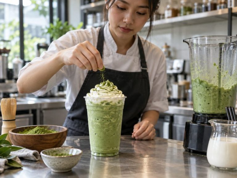 Matcha green tea frappuccino in an unbranded clear cup on a café testing counter