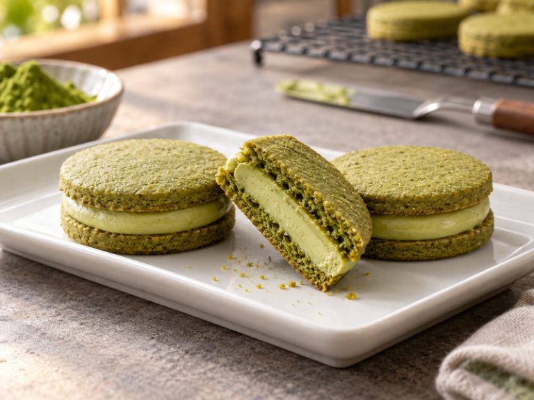Matcha sandwich cookies with neat layers of green filling