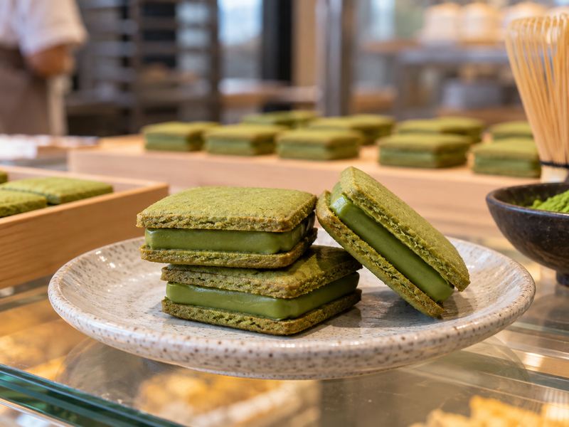 Square matcha sandwich cookies showing two thin green shells and a smooth filling layer