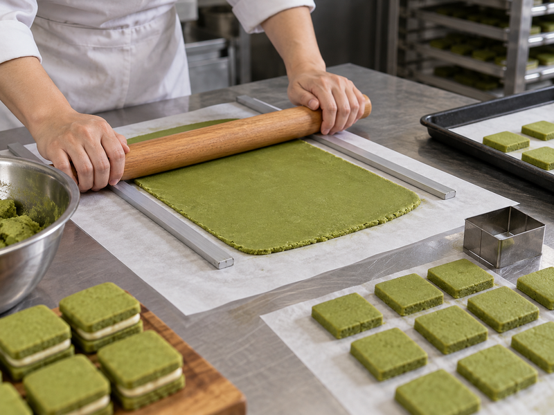 Green cookie dough rolled between guides at two different thicknesses on a bakery bench