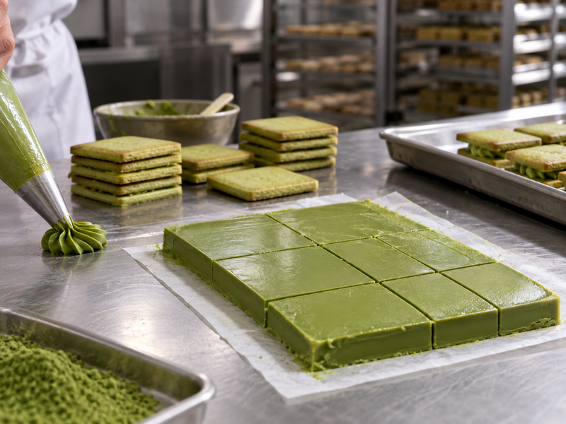 A thin slab of green ganache and a separate piped filling sample beside paired cookie shells