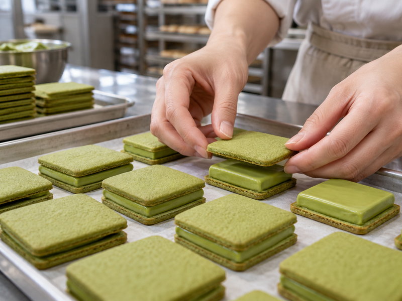 A baker aligns a top green cookie shell over a measured square of matcha filling